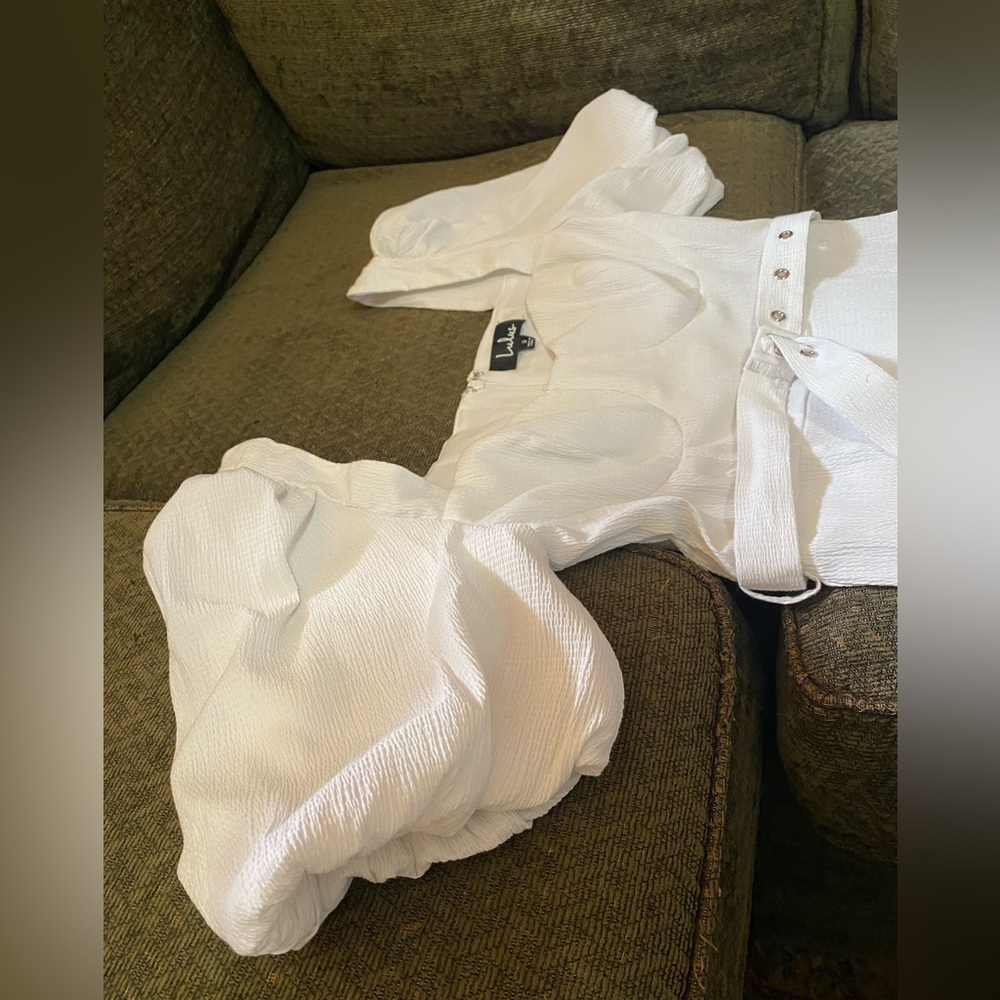 Lulu’s White Puff Sleeve Belted Mini Dress (Sz Small) - Picture 6 of 15